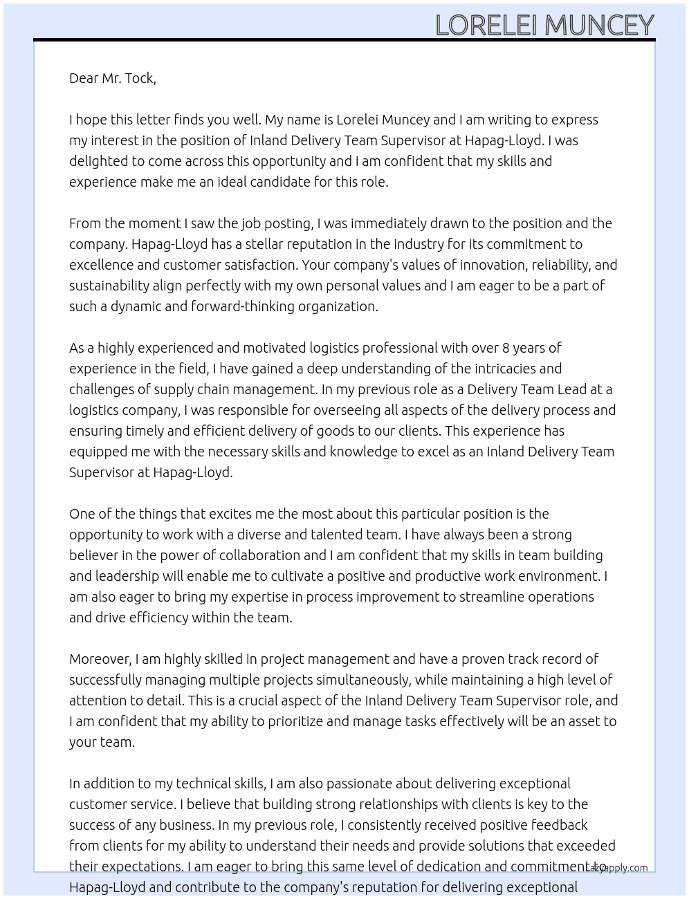 Inland Delivery Team Supervisor At Hapag lloyd Cover Letter