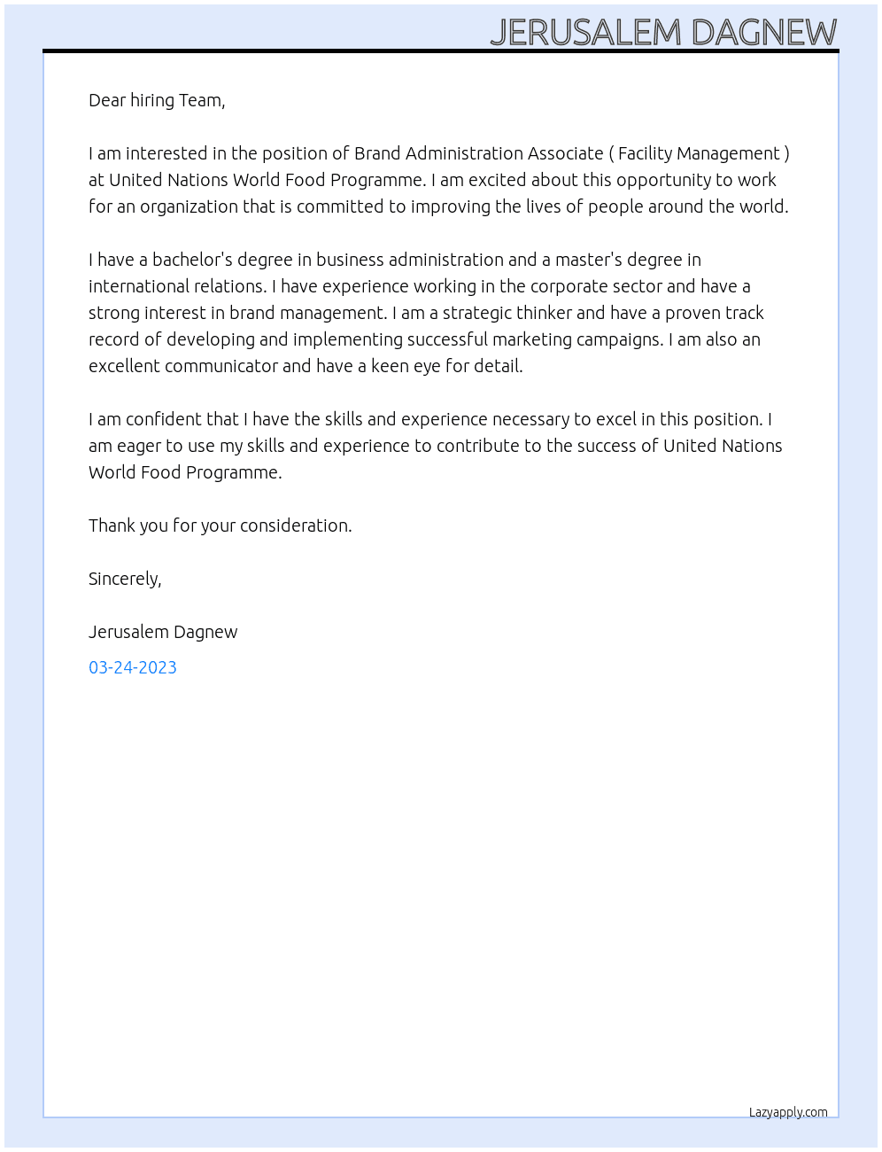 Brand  Administration Associate ( Facility Management )  At United Nations World Food Programme Cover Letter