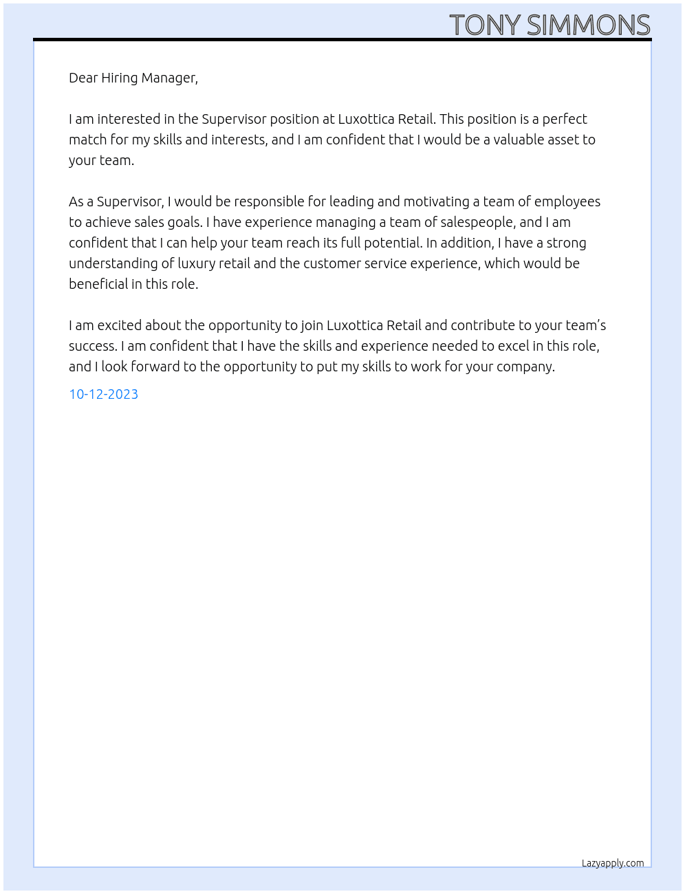 Supervisor At Luxottica Retail Cover Letter