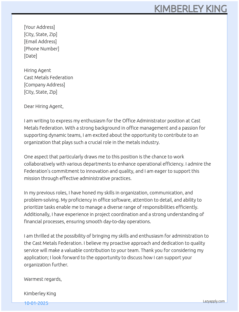 Office Administrator At Cast Metals Federation Cover Letter
