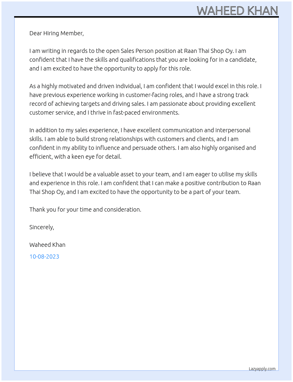 Sale Person At RAAN THAI SHOP OY Cover Letter