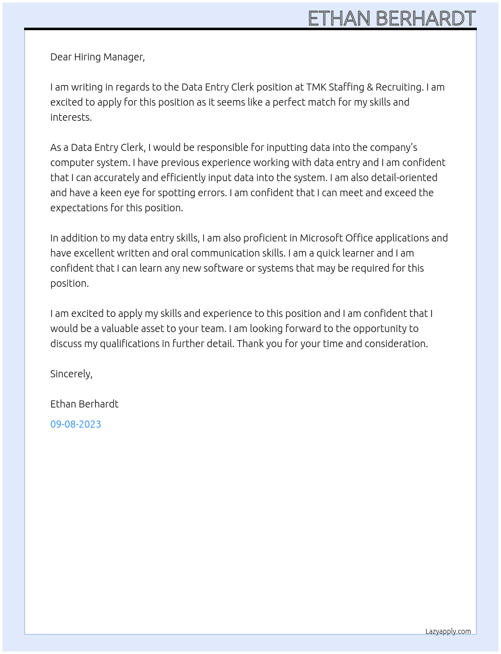 Data Entry Clerk At TMK Staffin & Recruiting Cover Letter