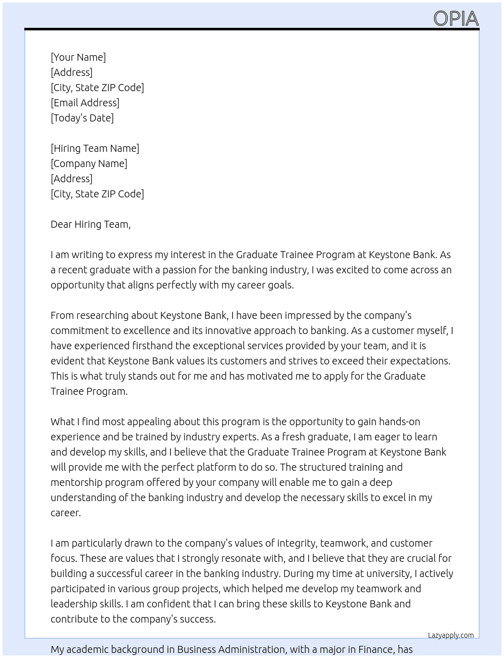 Graduate trainee program  At Keystone bank Cover Letter