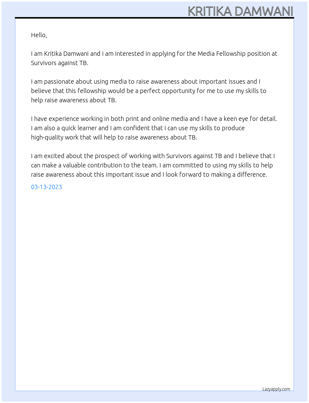Media fellowship At Survivors against TB Cover Letter