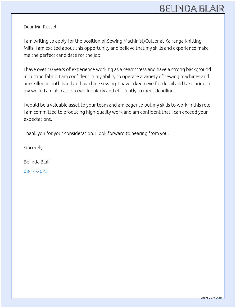 Sewing Machinist/Cutter At Kairanga Knitting Mills Cover Letter