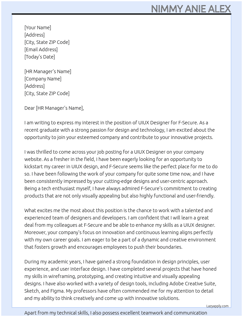UIUX designer fresher At f-secure Cover Letter