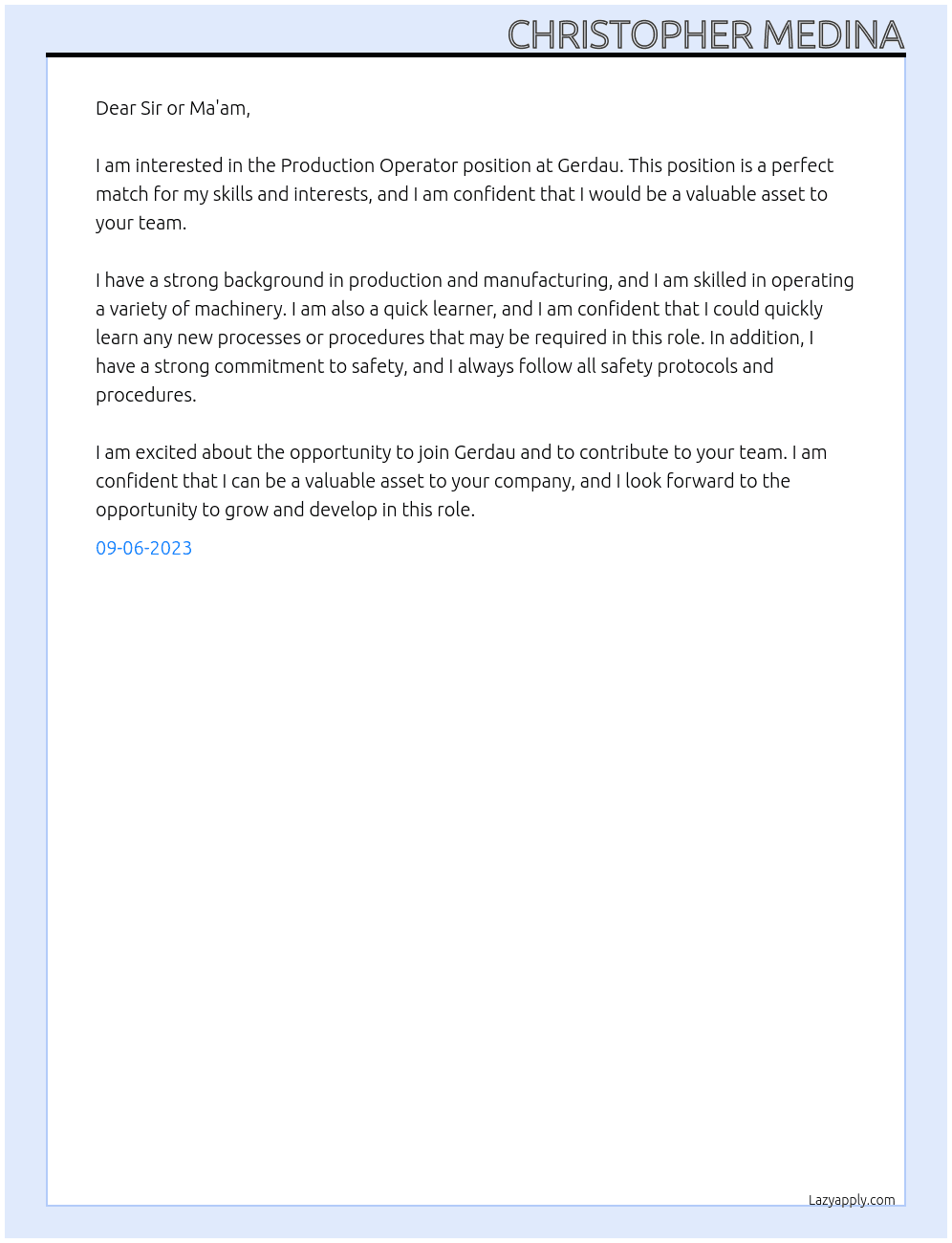 Production Operator  At Gerdau Cover Letter