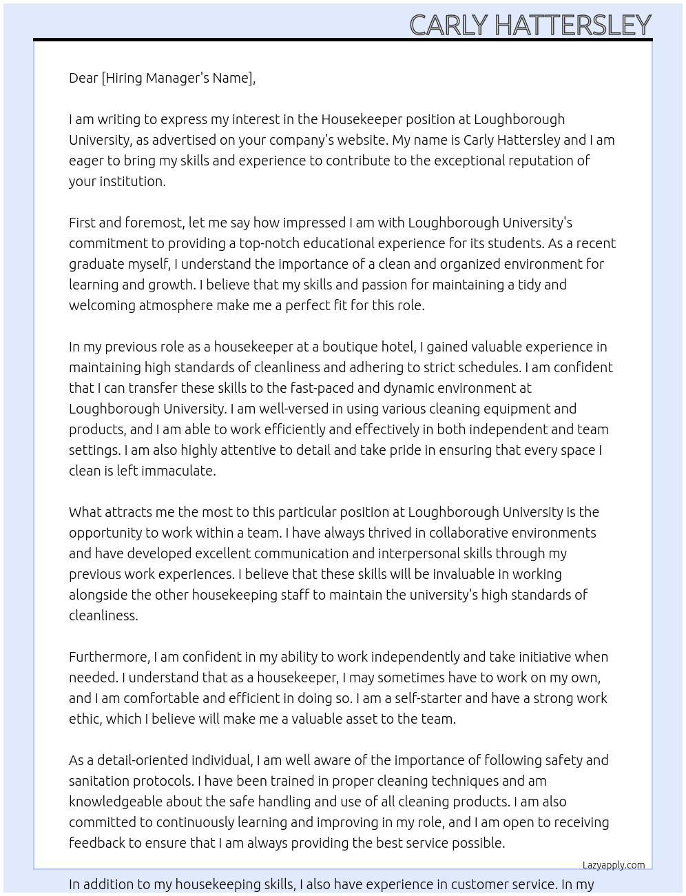 Housekeeper  At Loughborough university  Cover Letter