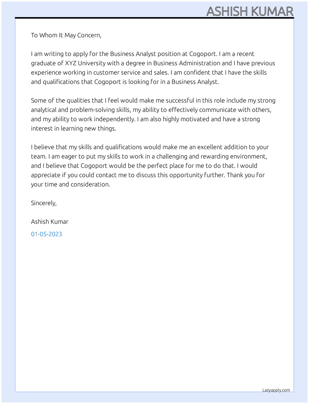 Buisness Analyst  At Cogoport Cover Letter