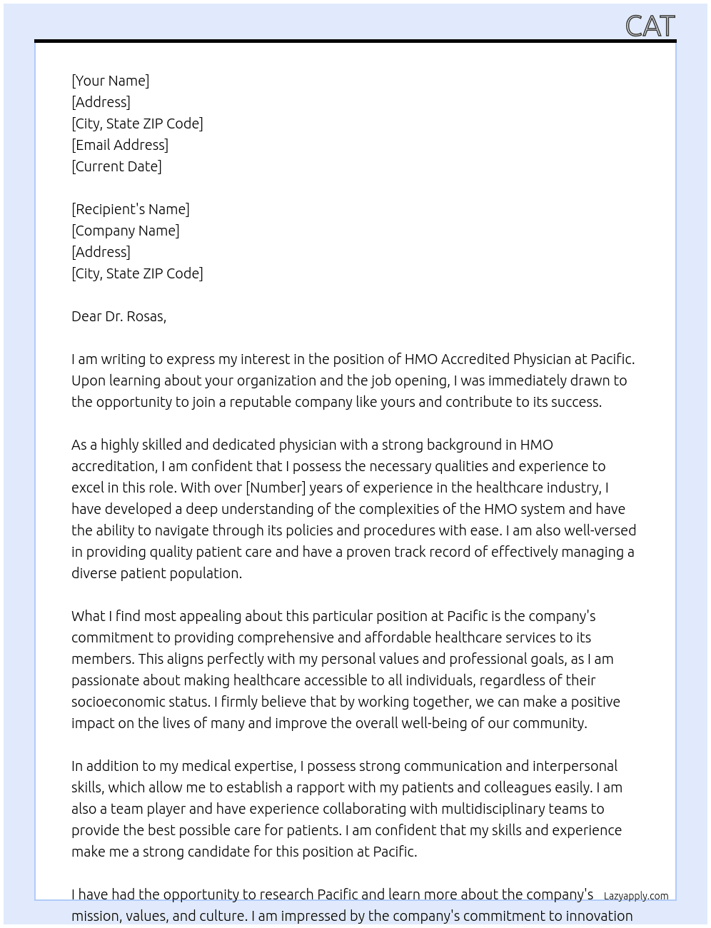 HMO Accredited Physician At Pacific Cover Letter