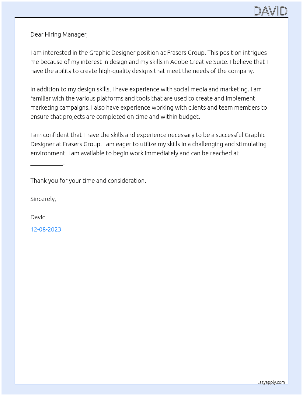 Graphic Designer At Frasers Group Cover Letter