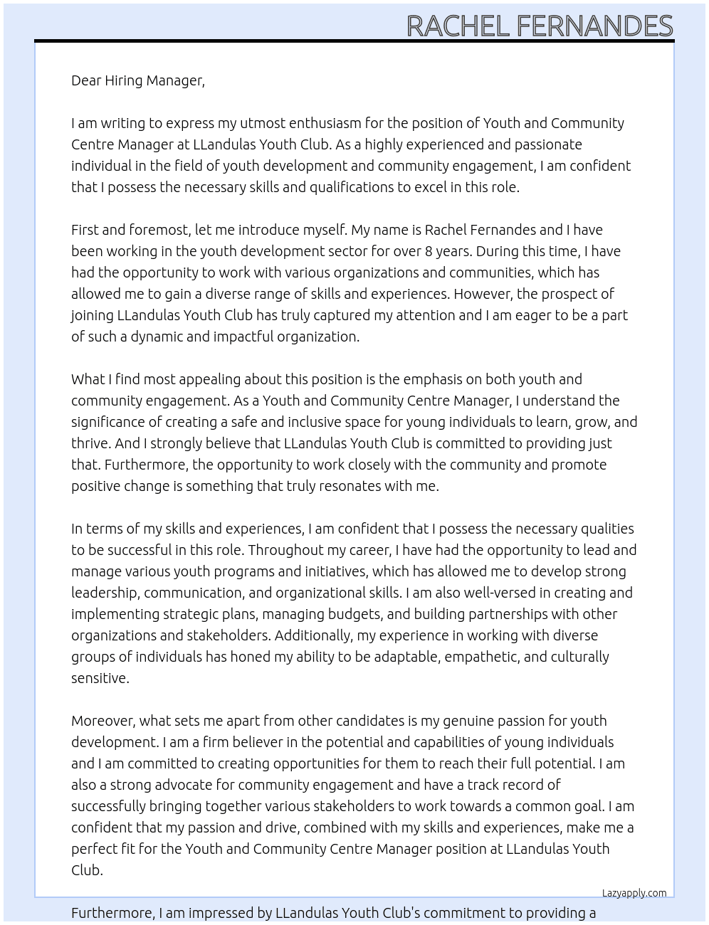 Youth and Community Centre Manager At LLandulas Youth Club Cover Letter