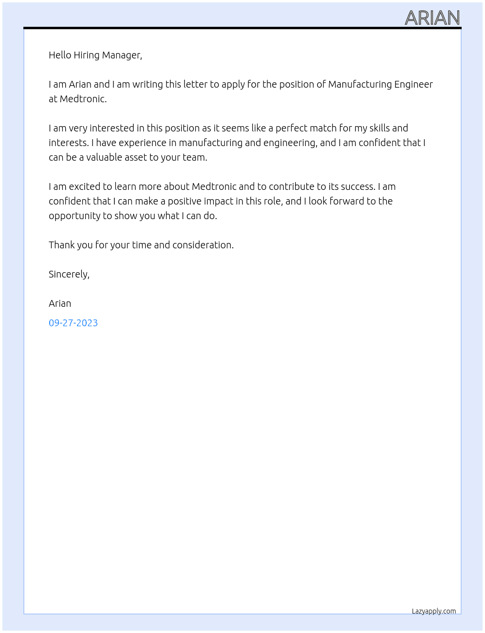 Manufacturing Engineer At Medtronic Cover Letter