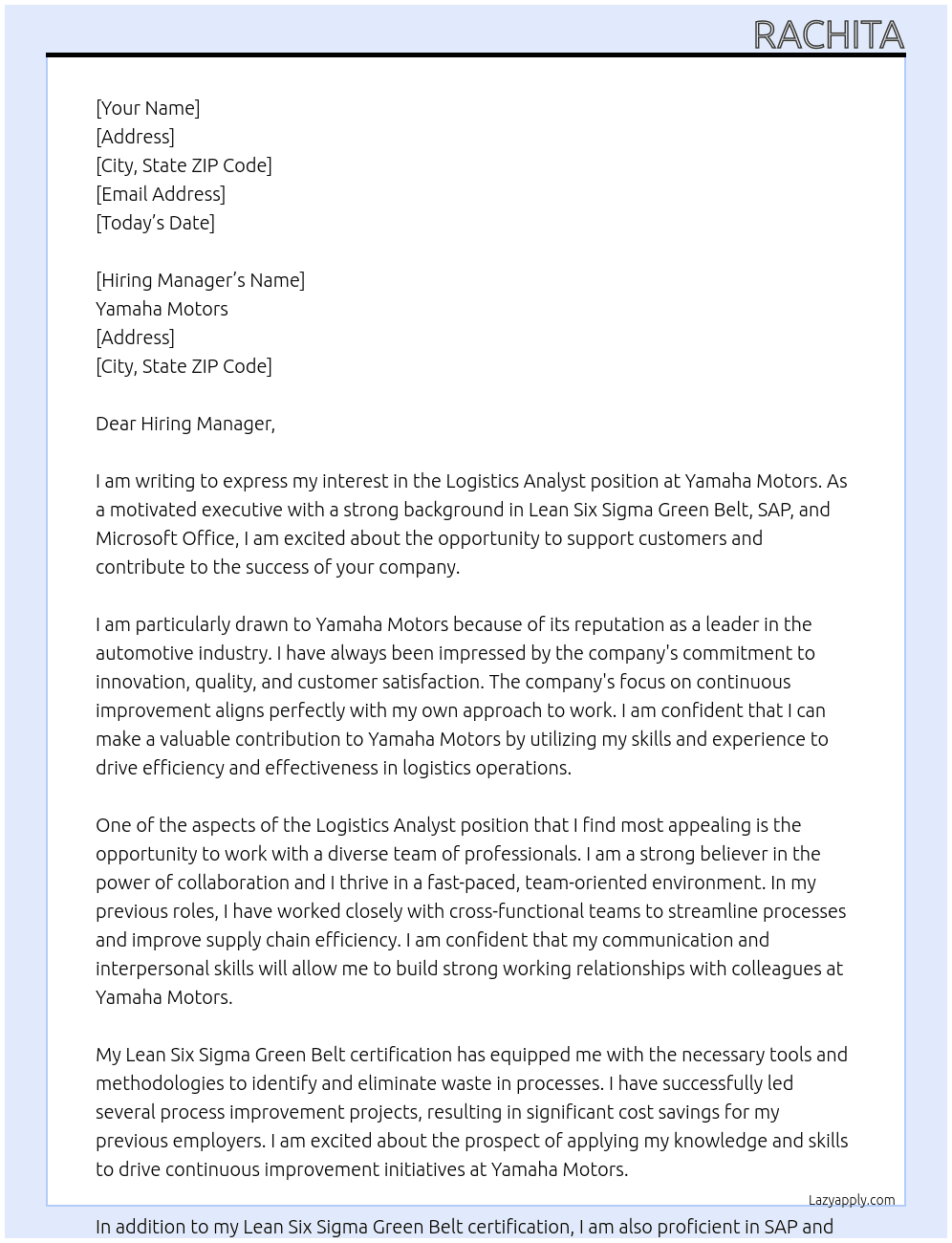 Logistics Analyst At Yamaha Motors Cover Letter