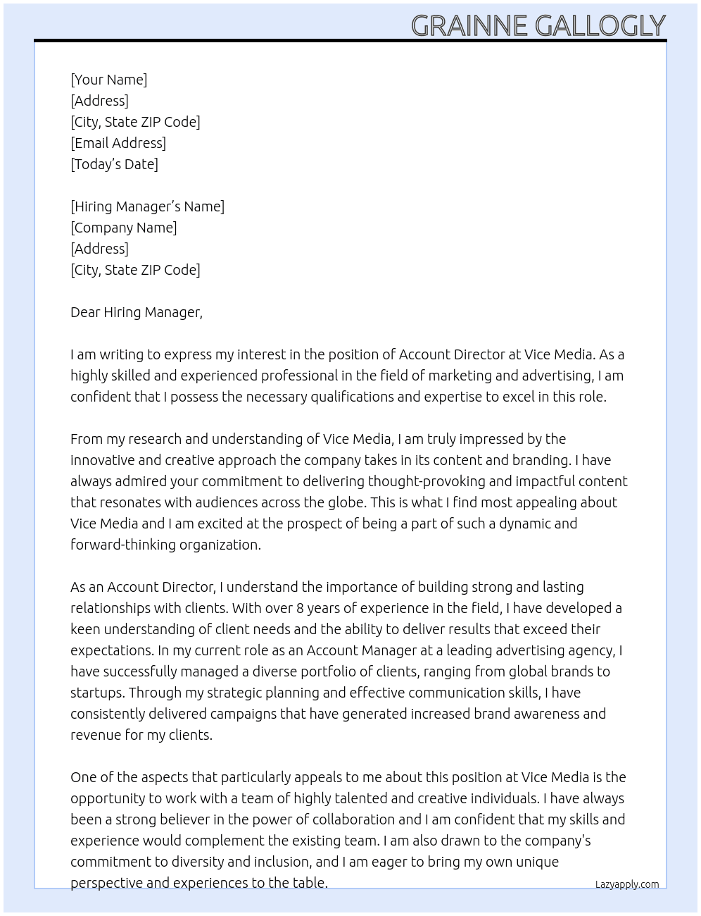 Account Director  At Vice Media Cover Letter