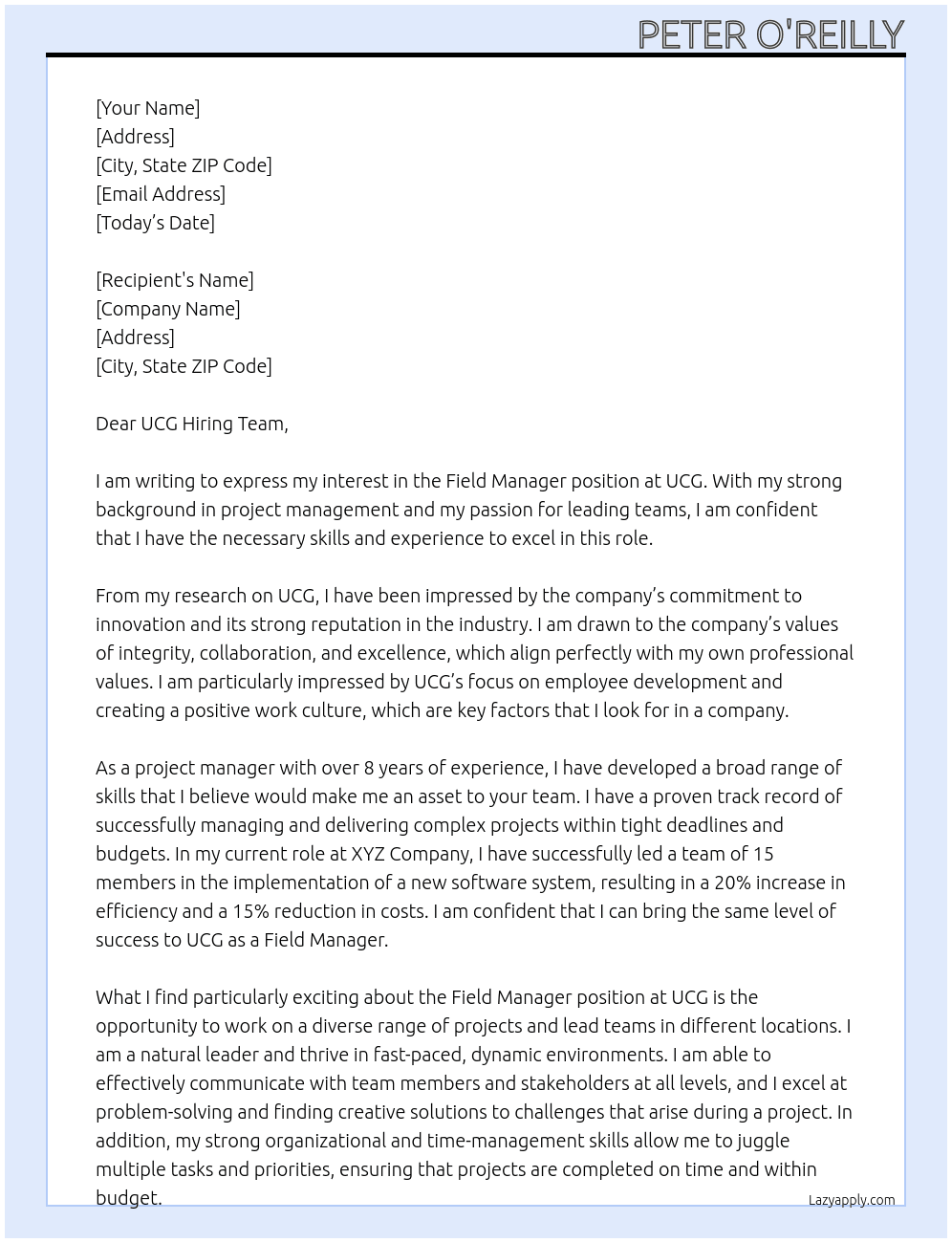 Field Manager At UCG Cover Letter