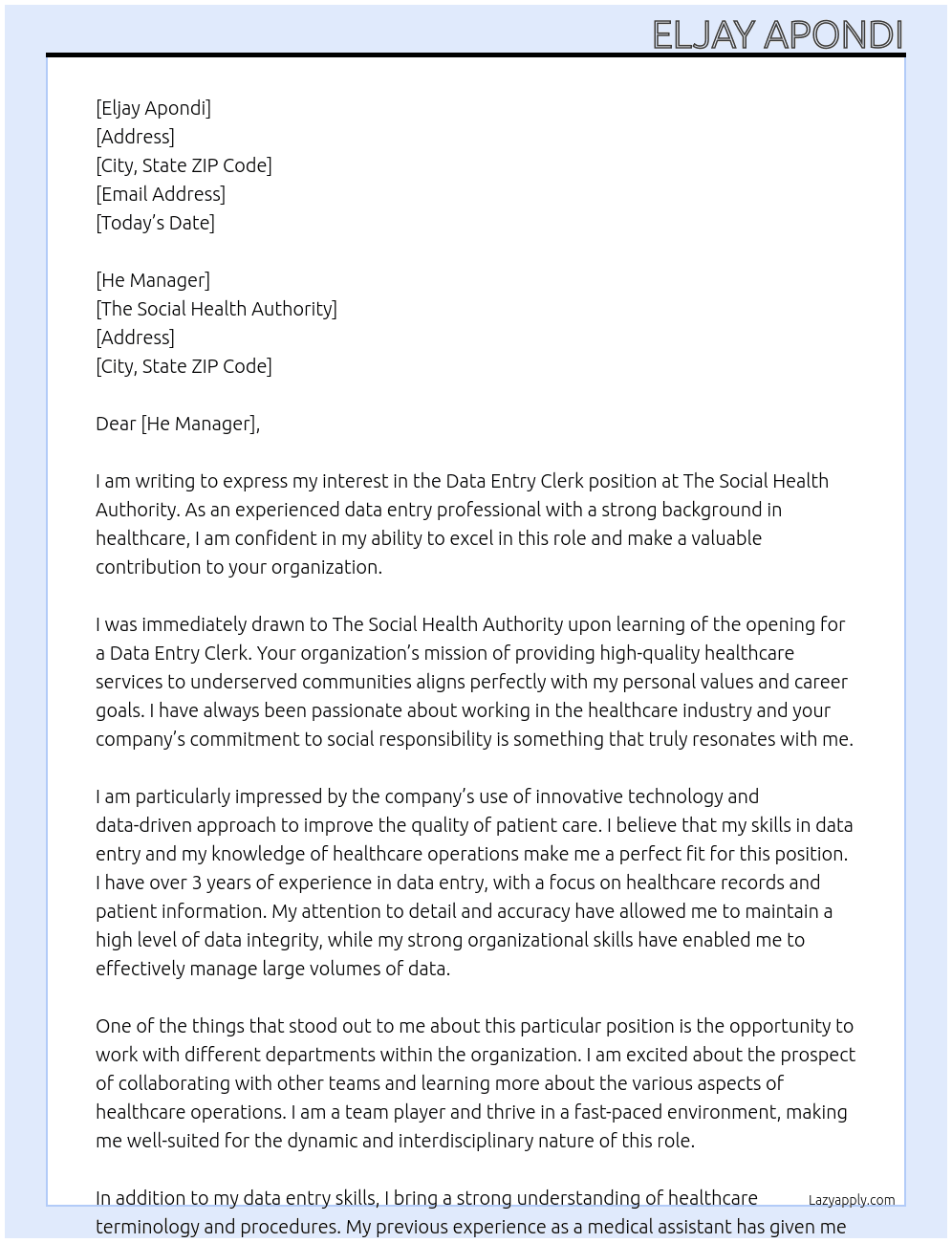 Data entry clerk At The social health authority  Cover Letter