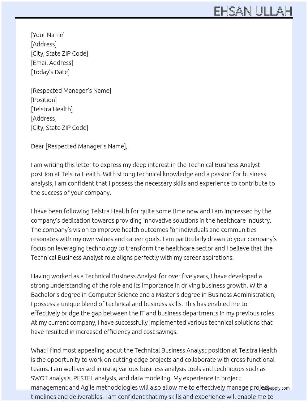 Technical business analyst At Telstra Health Cover Letter