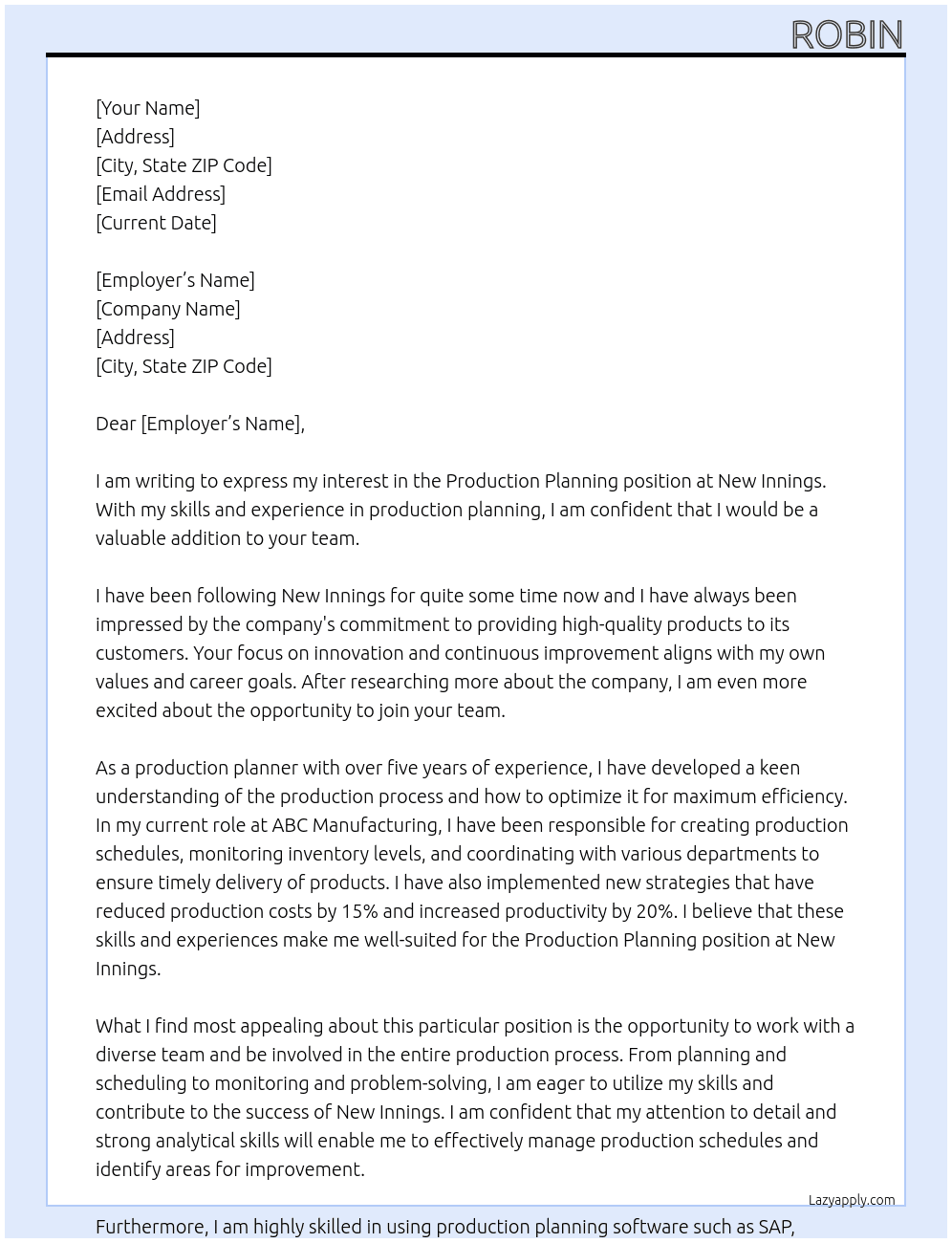 Production planning At New innings  Cover Letter