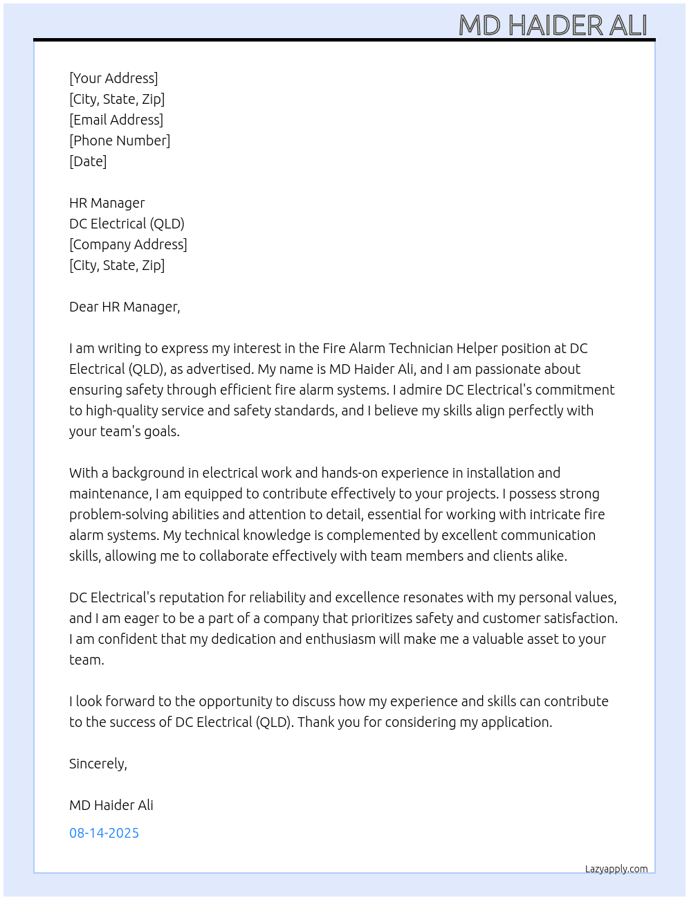 Cover letter for fire alarm technician helper - LazyApply