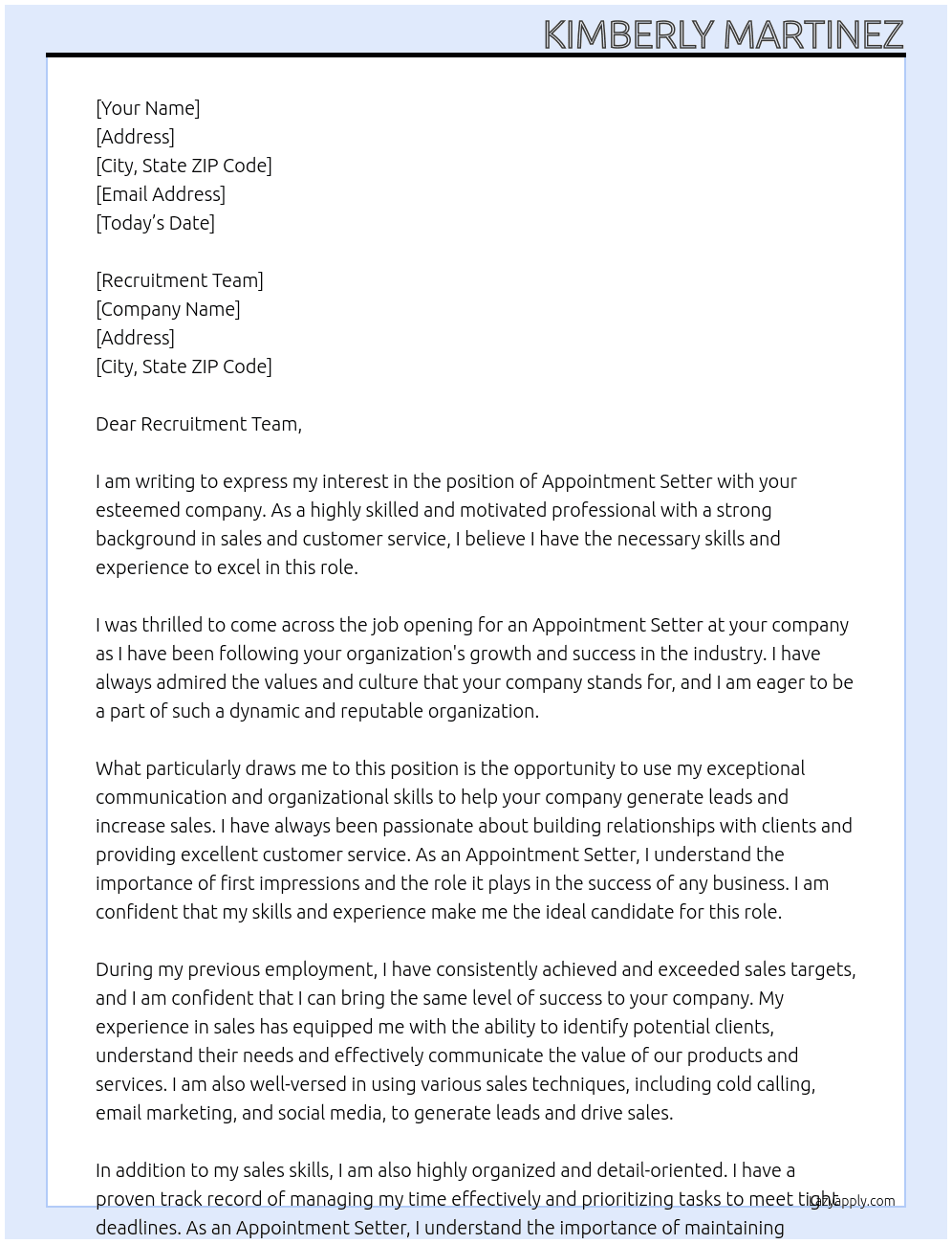 Appointment setter At Recruitment team Cover Letter