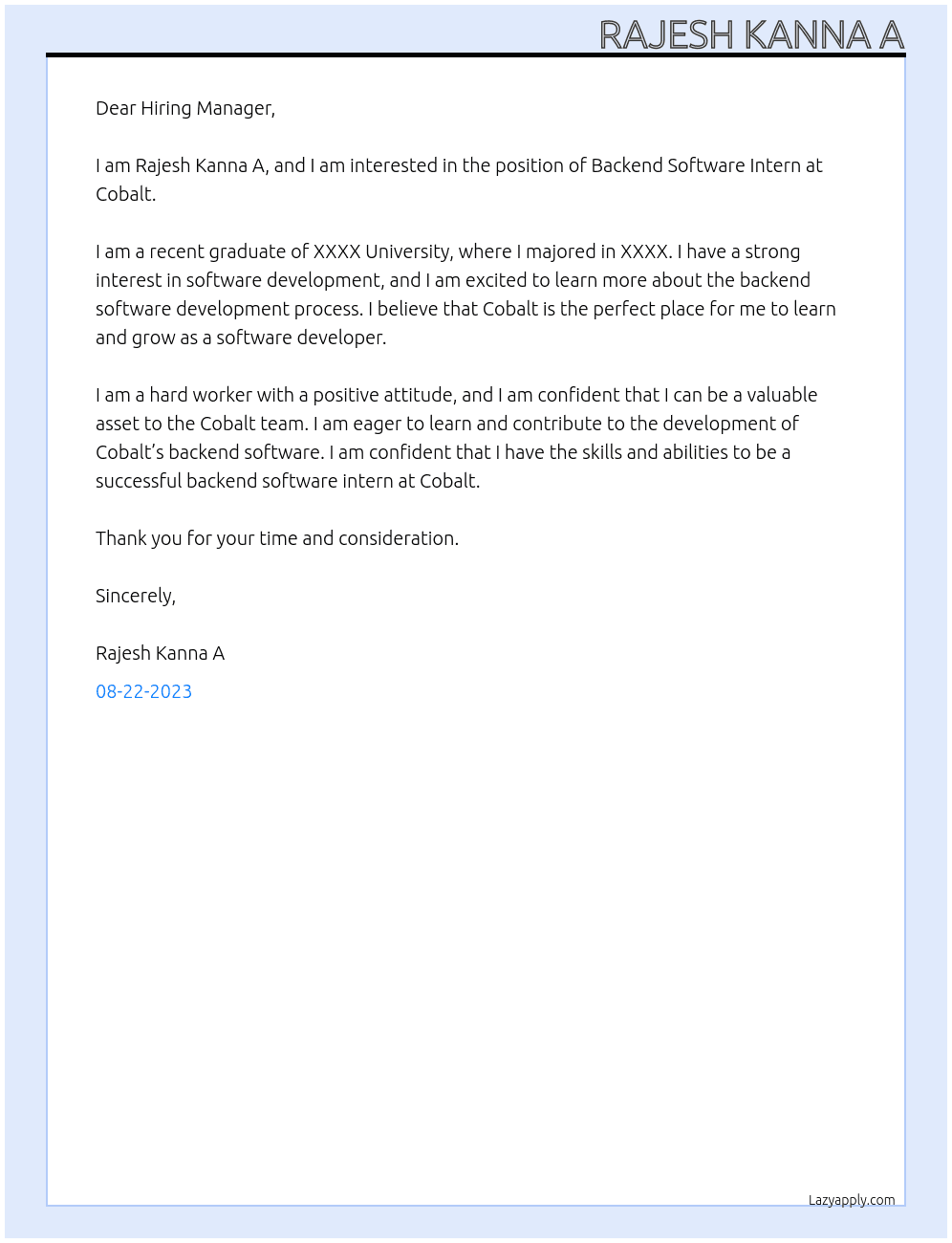 Backend Software Intern  At Cobalt Cover Letter
