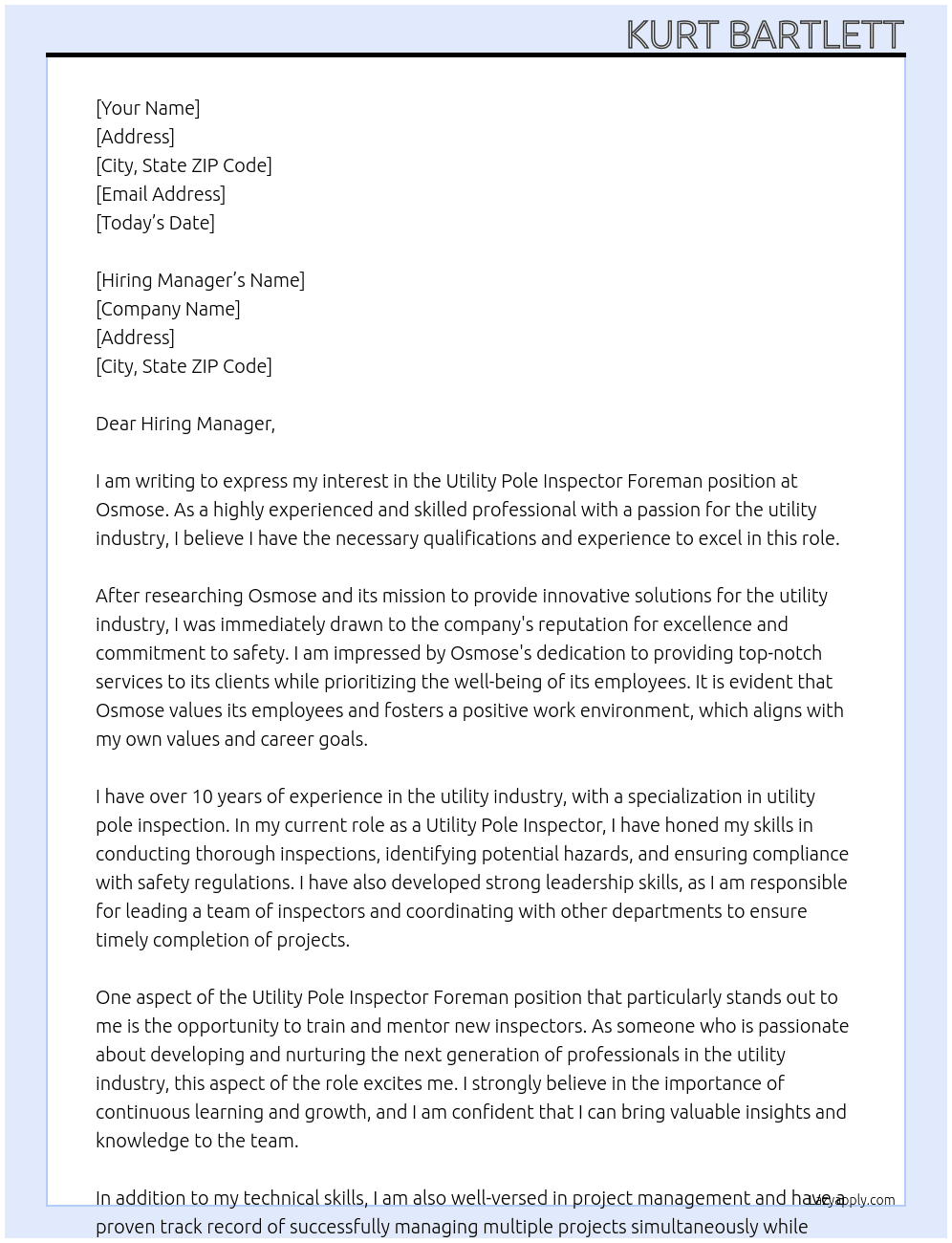 Utility pole inspector foreman At Osmose Cover Letter