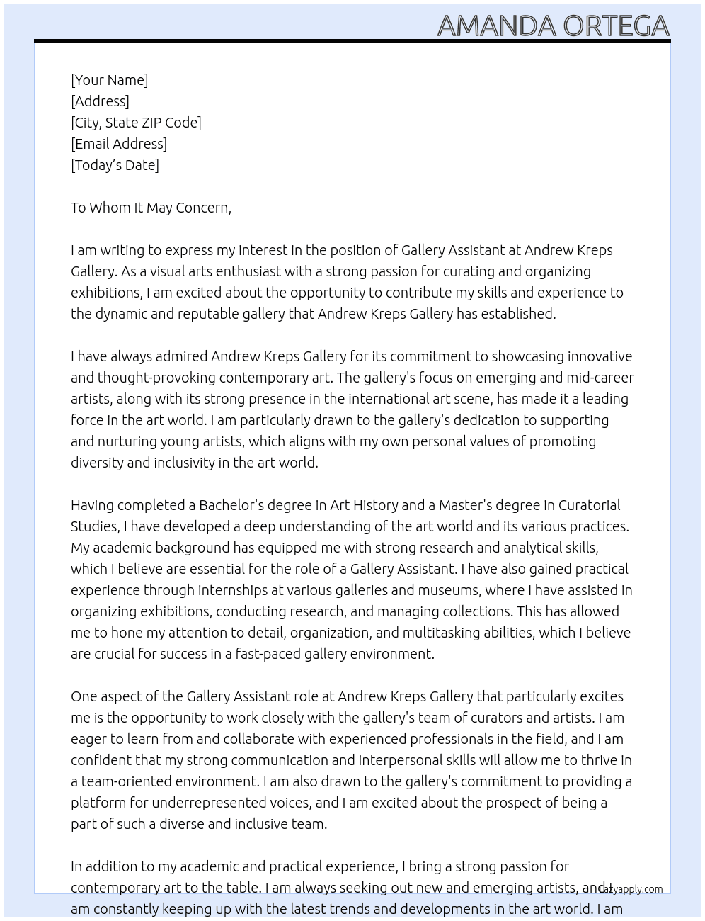 gallery assistant At Andrew Kreps Gallery Cover Letter