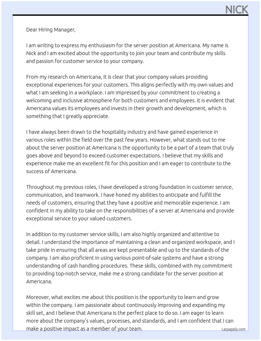server At Americana Cover Letter