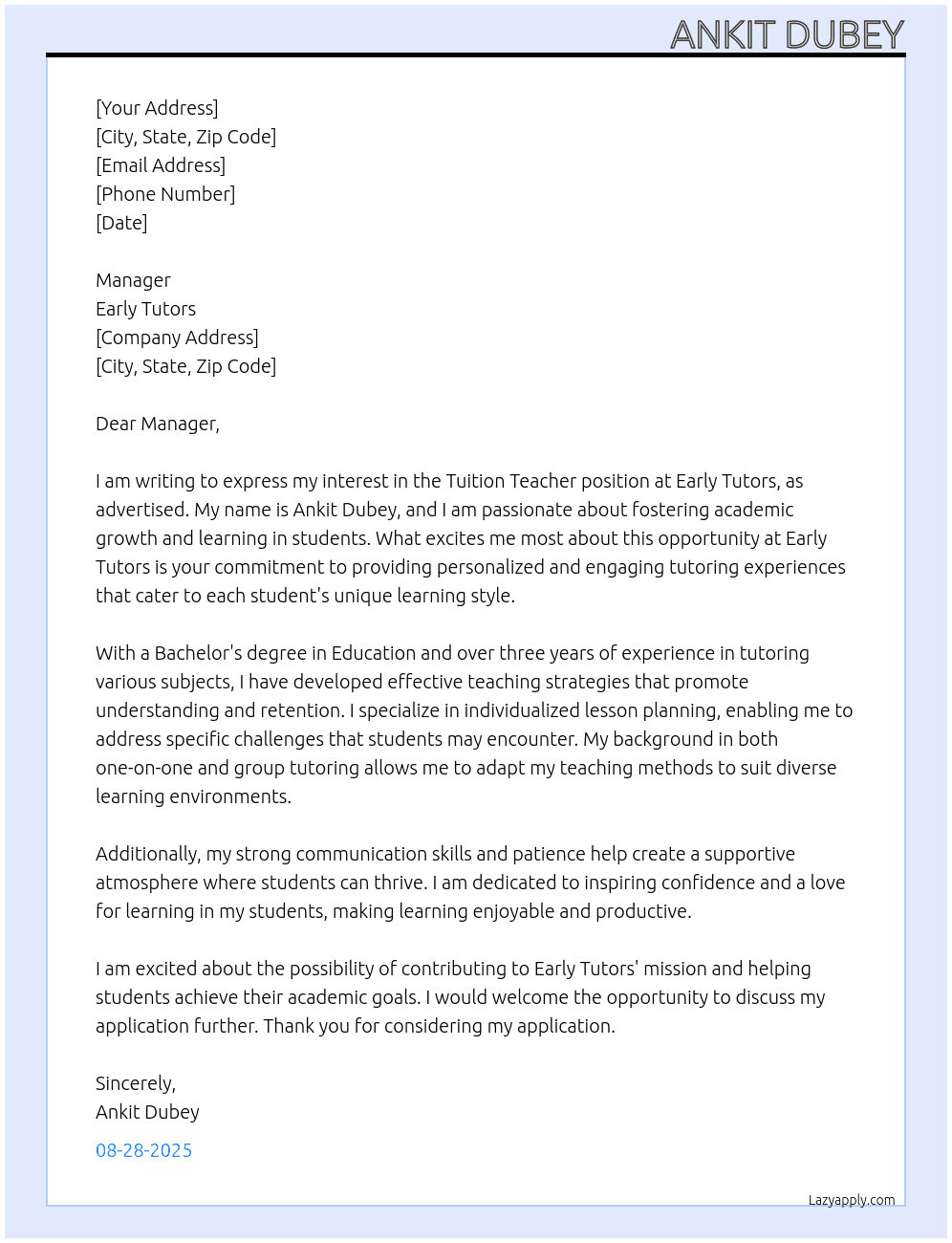 Tution teacher  At Early tutors  Cover Letter
