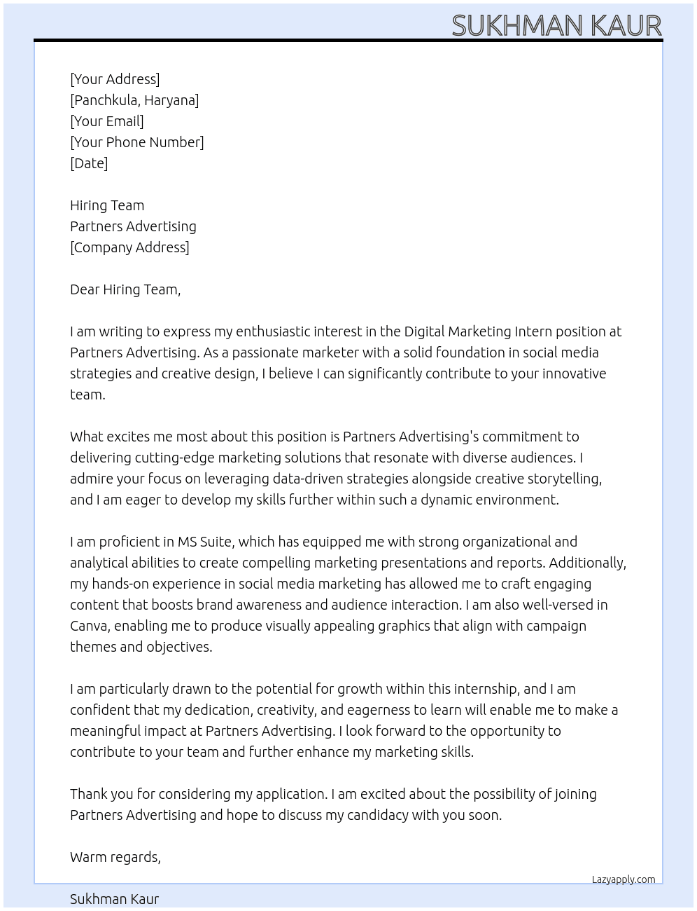 digital marketing intern At Partners Advertising Cover Letter