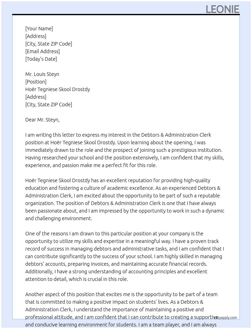 Debtors & Administration Clerk, At Hoër Tegniese Skool Drostdy Cover Letter