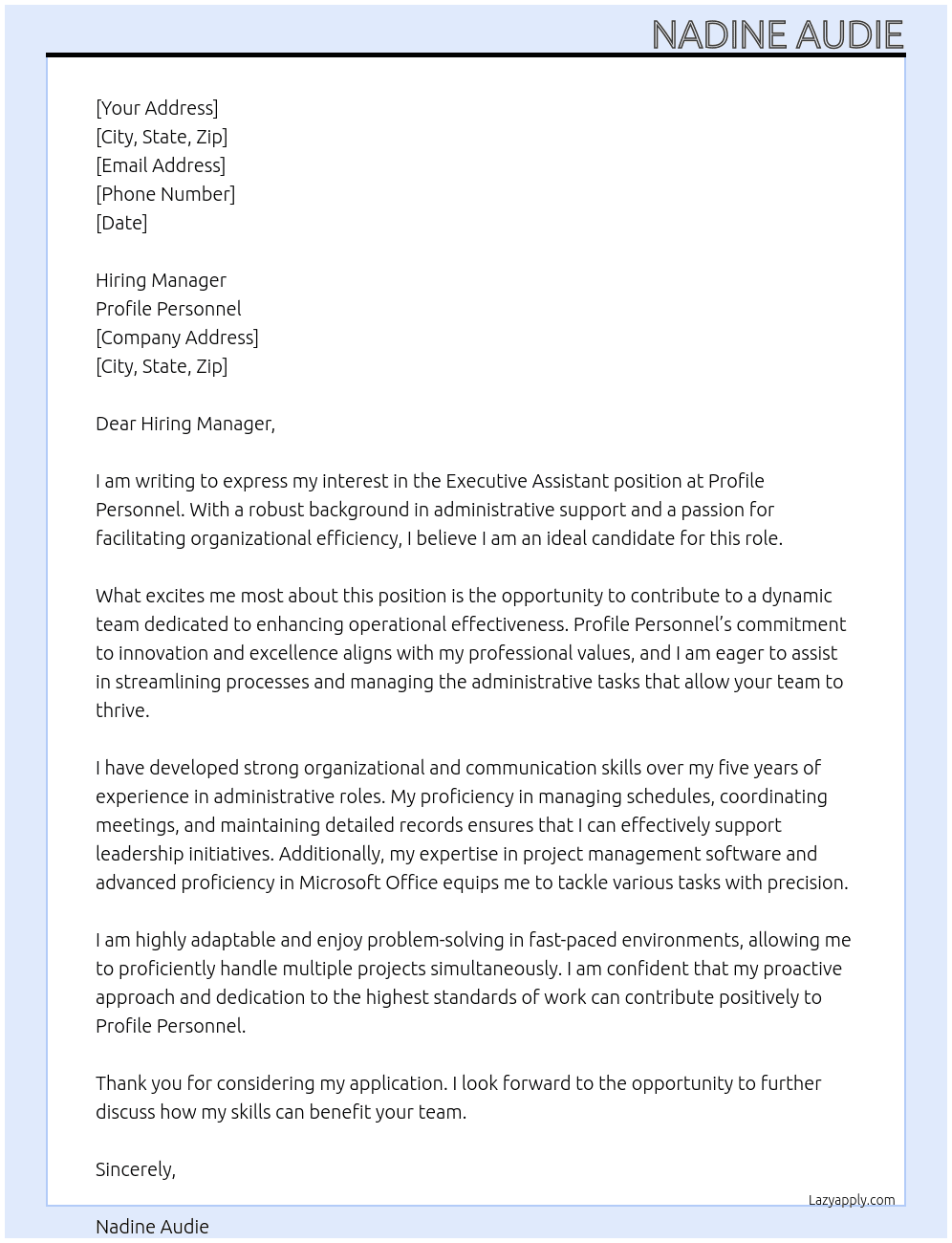 executive assitant At profile personell Cover Letter