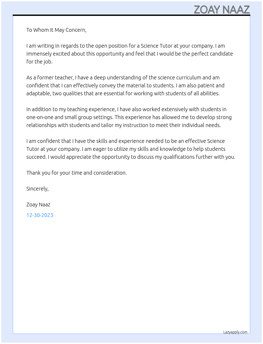SCIENCE TUTOR At sasaiyad@yahoo.com Cover Letter