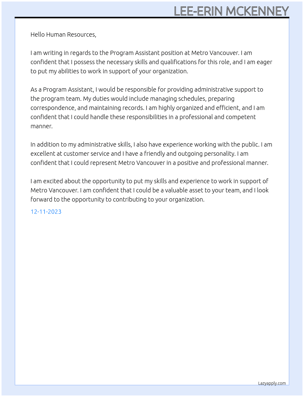 Program Assistant At Metro Vancouver Cover Letter