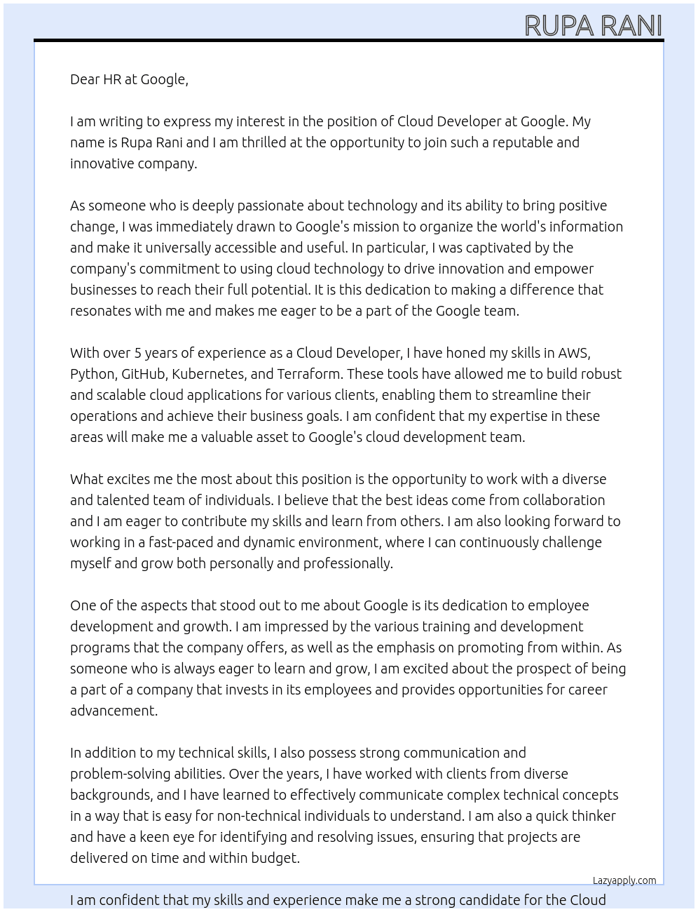 Cloud Developer At Google Cover Letter