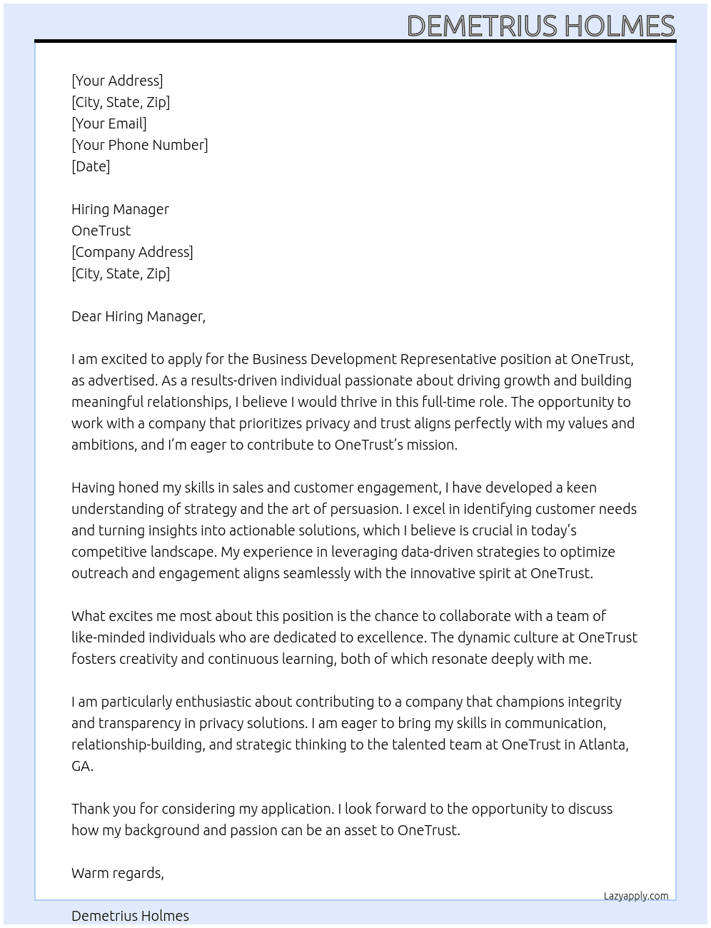Business Development Representative At OneTrust Cover Letter