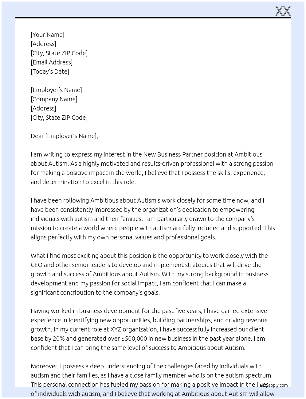 New Business Partner At Ambitious about Autism Cover Letter