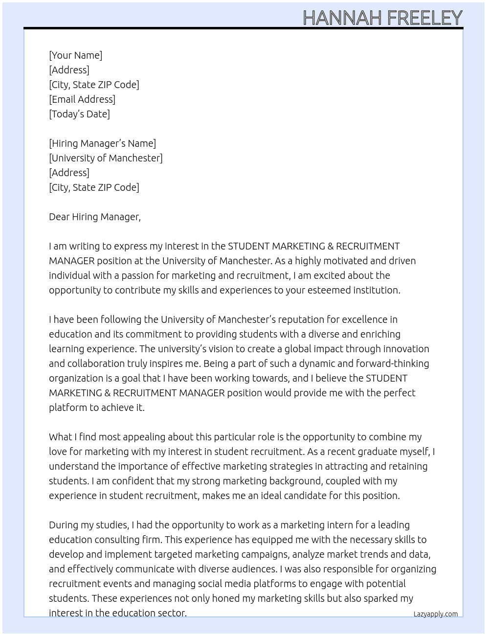 STUDENT MARKETING & RECRUITMENT MANAGER At University of Manchester Cover Letter