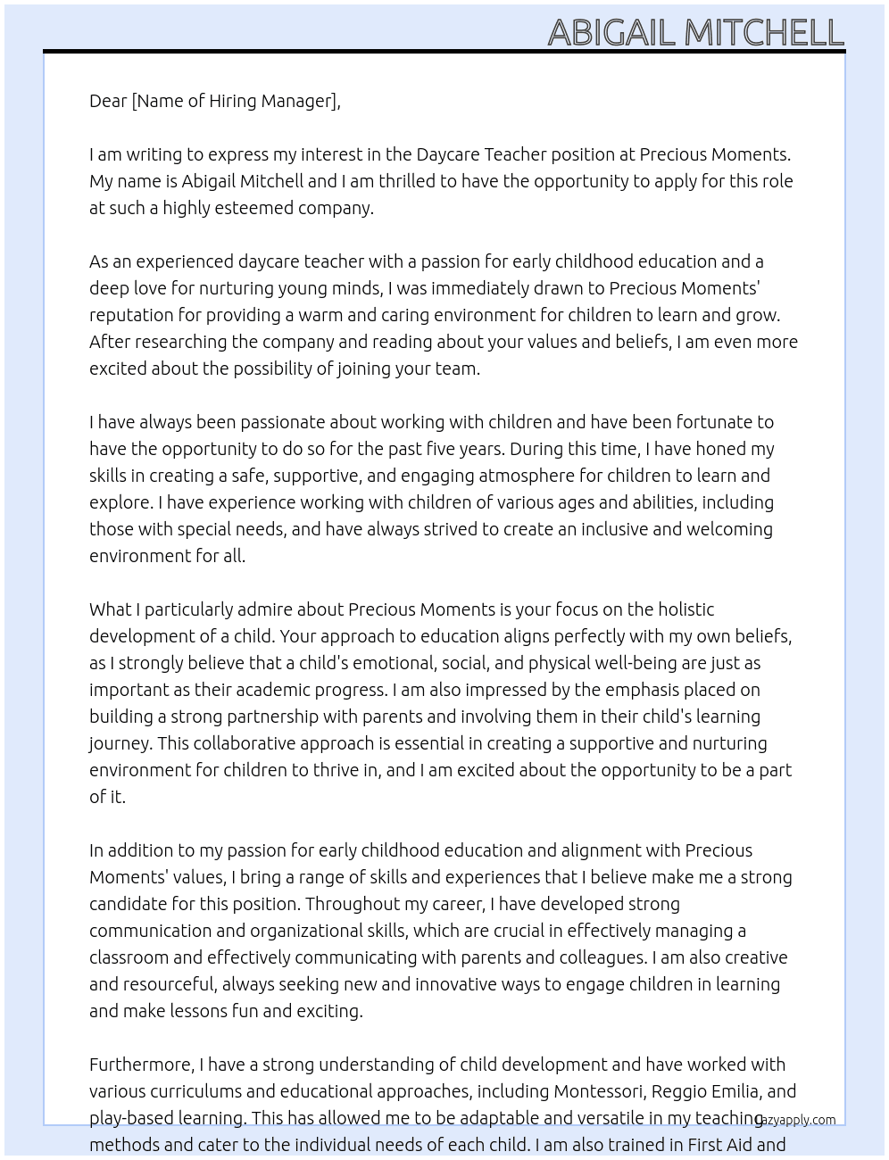 Daycare teacher At Precious moments Cover Letter