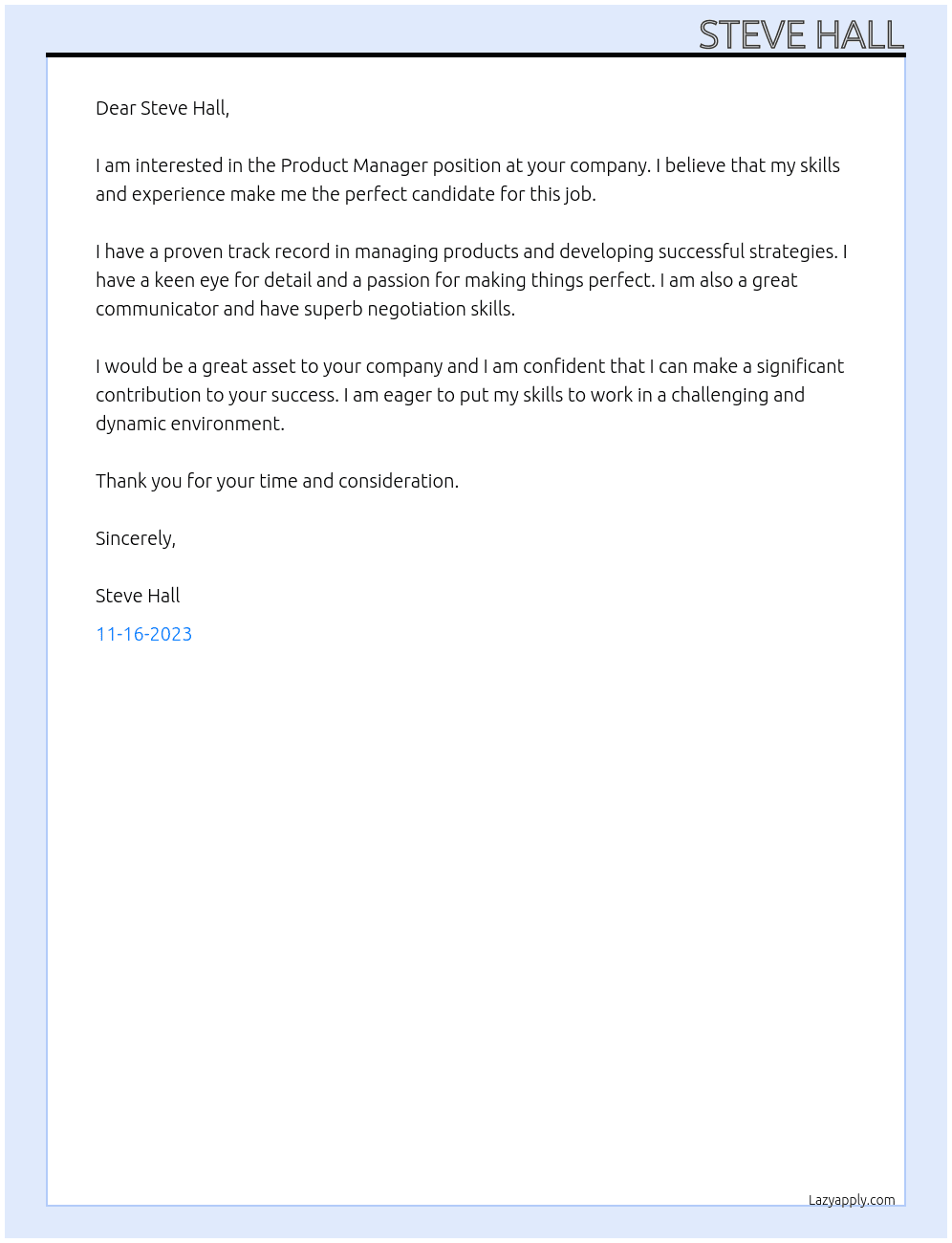 Product Manager At steve hall Cover Letter