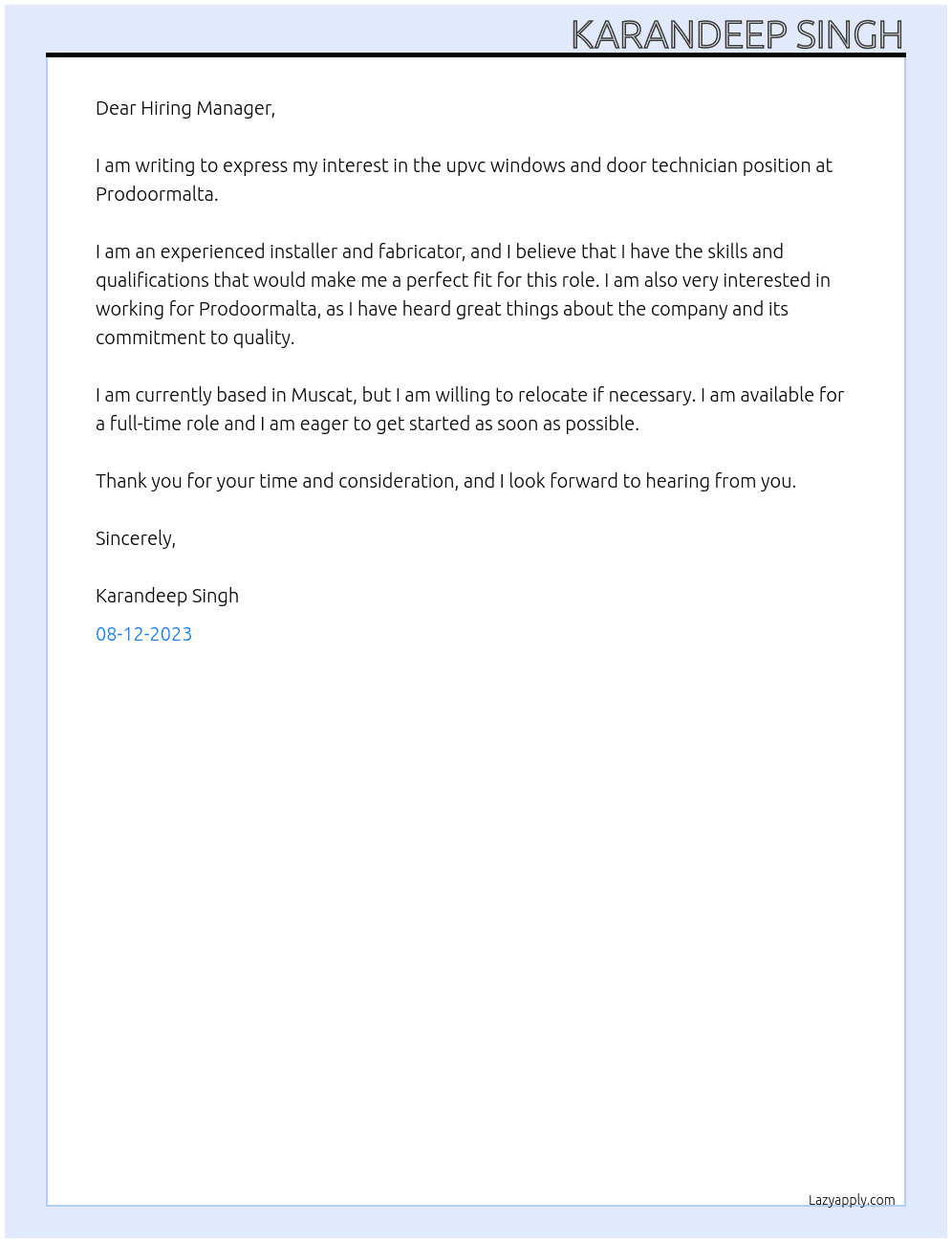 upvc windows and door technician At Prodoormalta Cover Letter