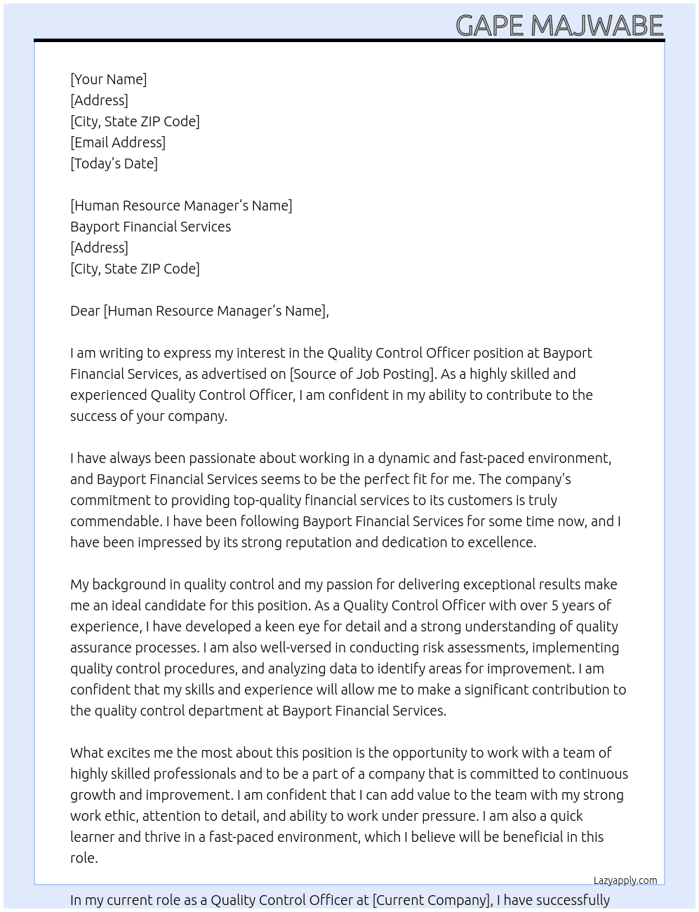 Quality Control Officer At Bayport Financial Services Cover Letter
