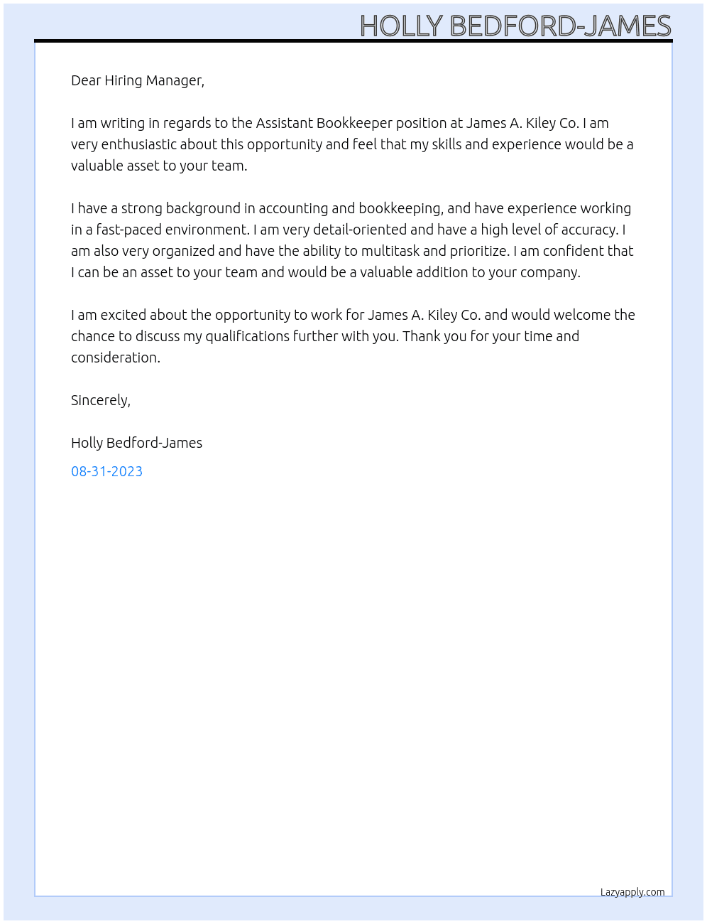 Assistant Bookkeeper At James A. Kiley Co. Cover Letter