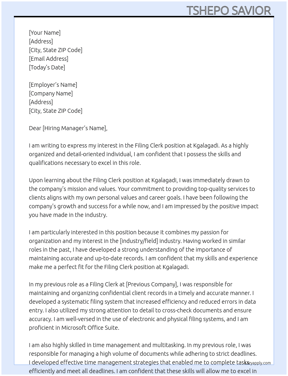 Filing clerk  At Kgalagadi  Cover Letter
