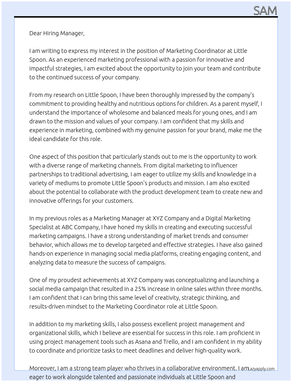 Marketing Coordinator At Little Spoon Cover Letter