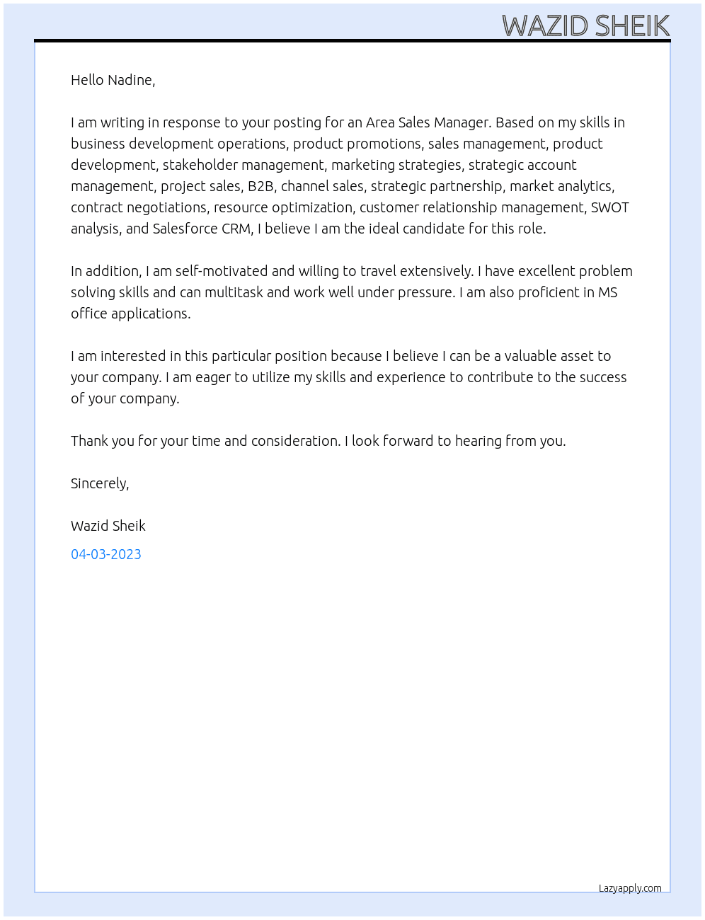 Area Sales Manager At Steinert Gmbh Cover Letter