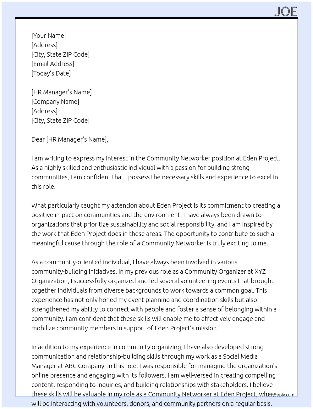 community networker  At Eden project Cover Letter