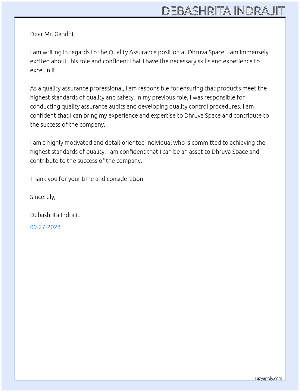 Quality Assurance At Dhruva Space Cover Letter