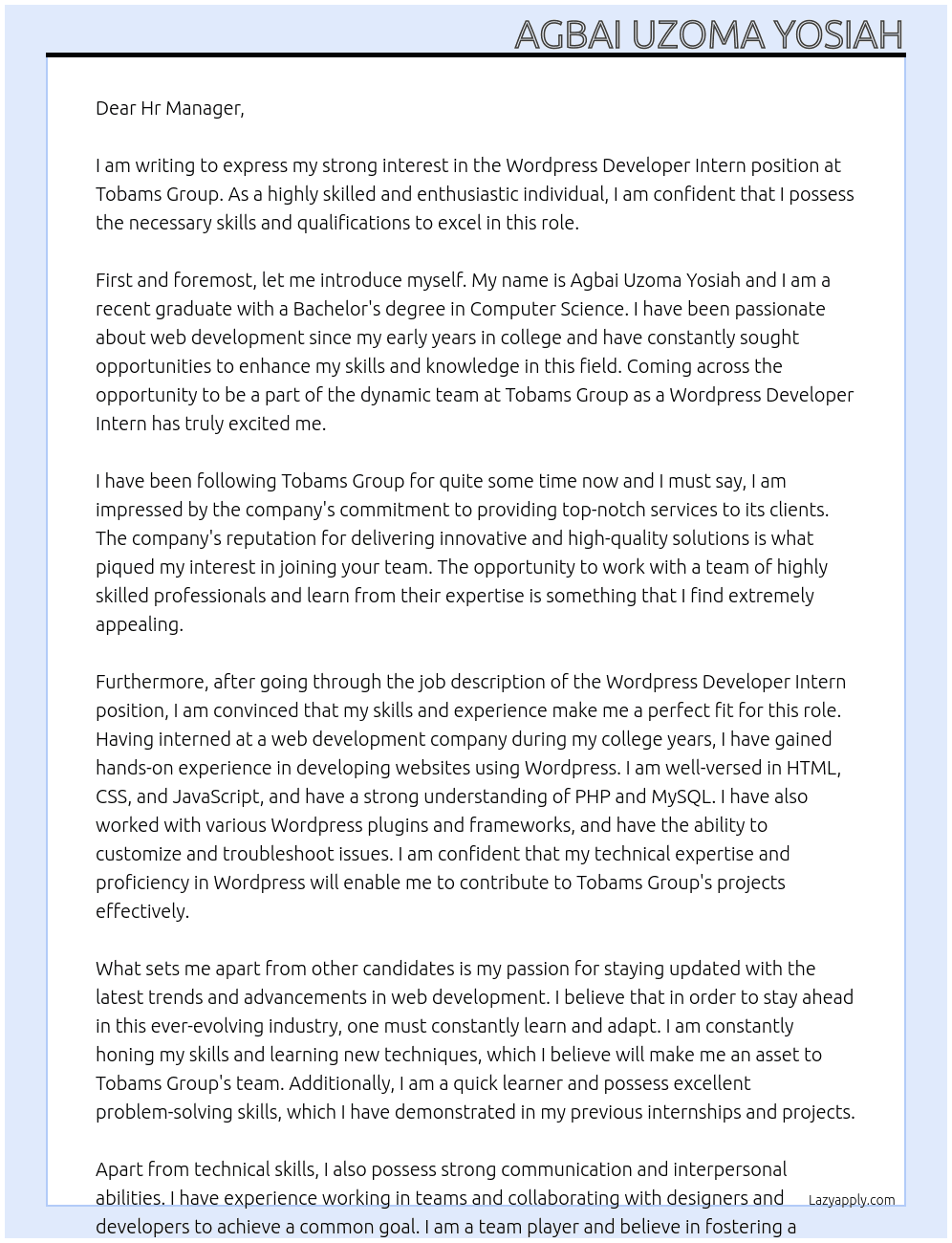 Wordpress Developer Intern At Tobams Group Cover Letter